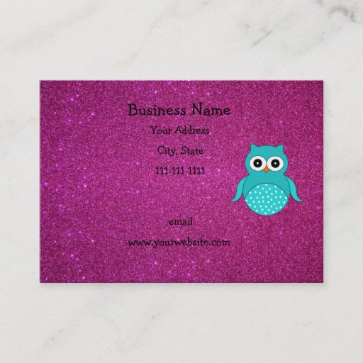Customizable Turquoise owl pink glitter business card templates