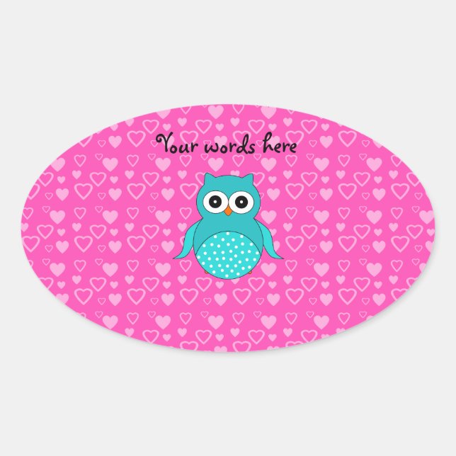 Cute turquoise owl pink hearts oval sticker (Front)