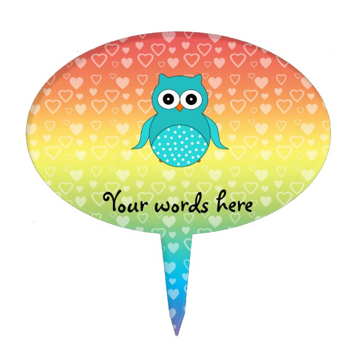 Cute turquoise owl rainbow hearts cake toppers