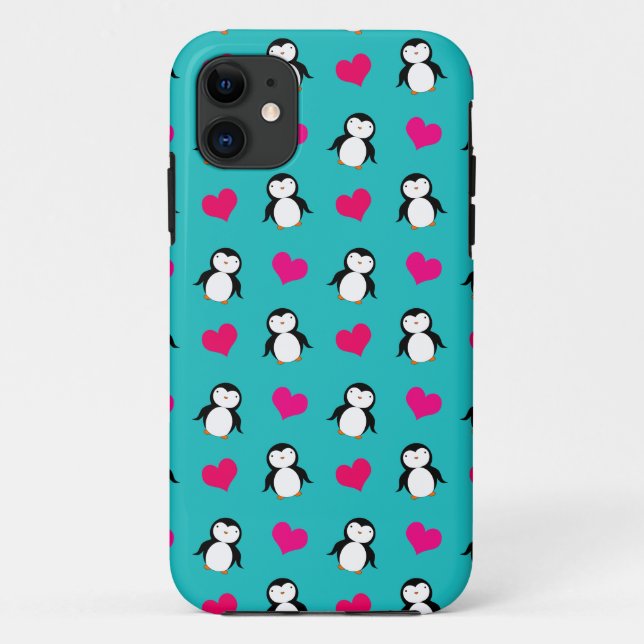 Cute turquoise penguin hearts pattern Case-Mate iPhone case (Back)