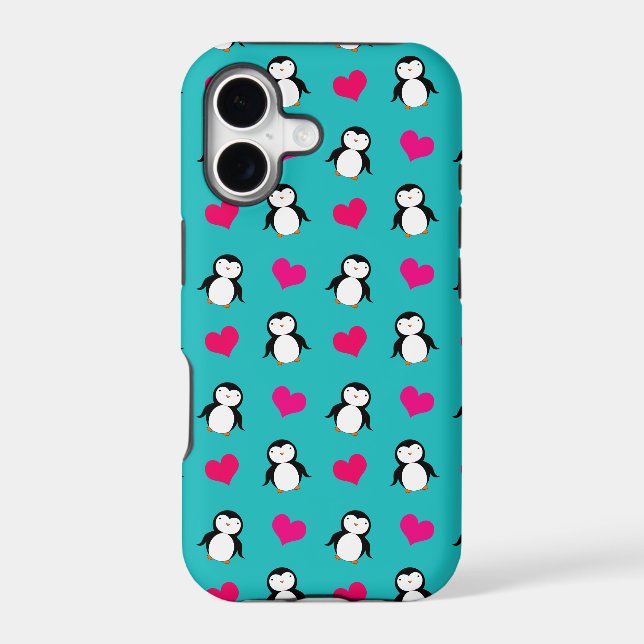 Cute turquoise penguin hearts pattern iphone case (Back)
