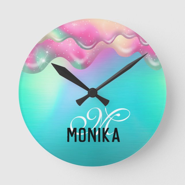 Cute Turquoise Pink Rainbow Dripping Galaxy  Round Clock (Front)