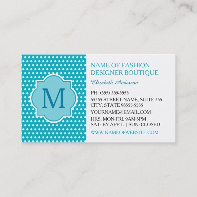 Cute Turquoise Polka Dots With Girly Monogram Business Card (Front)