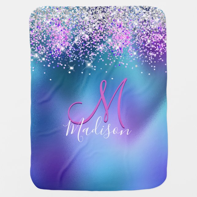 Cute turquoise purple faux glitter monogram baby blanket (Front)