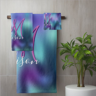 Cute turquoise purple faux glitter monogram bath towel set