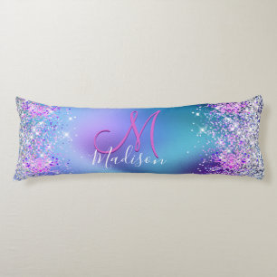Cute turquoise purple faux glitter monogram body pillow