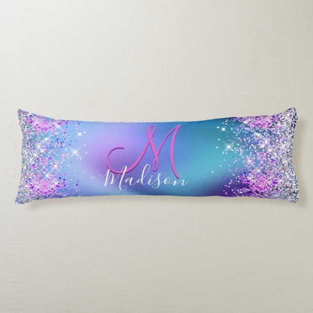 Cute turquoise purple faux glitter monogram body pillow (Front)