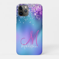 Cute turquoise purple faux glitter monogram