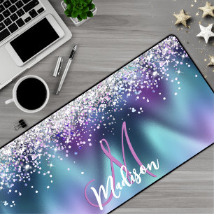 Cute turquoise purple faux glitter monogram desk mat