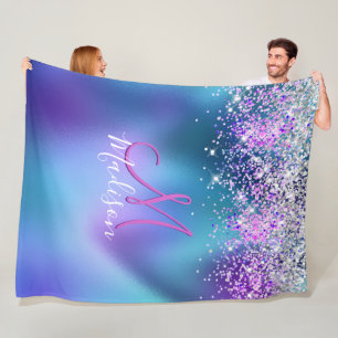 Cute turquoise purple faux glitter monogram fleece blanket