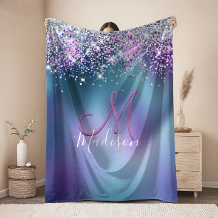 Cute turquoise purple faux glitter monogram fleece blanket