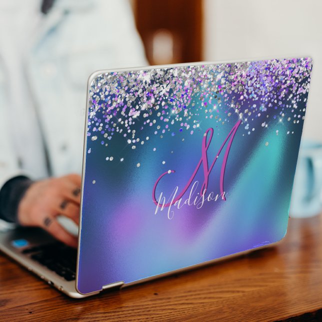 Cute turquoise purple faux glitter monogram HP laptop skin (Creator Uploaded)