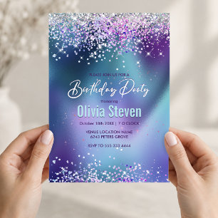 Cute turquoise purple faux glitter monogram invitation