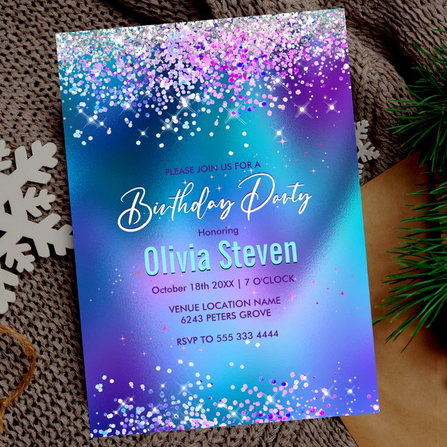 Cute turquoise purple faux glitter monogram invitation (Creator Uploaded)