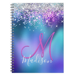 Cute turquoise purple faux glitter monogram notebook