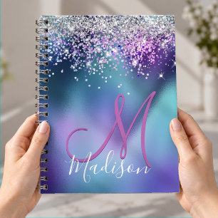 Cute turquoise purple faux glitter monogram notebook