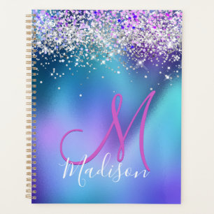 Cute turquoise purple faux glitter monogram planner