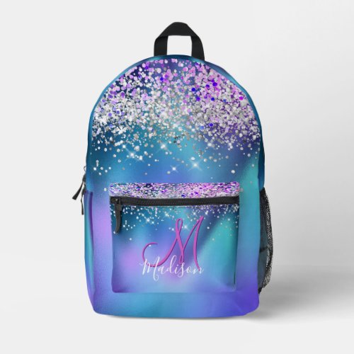 Cute turquoise purple faux glitter monogram printed backpack