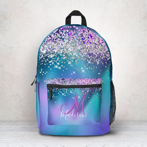 Cute turquoise purple faux glitter monogram printed backpack