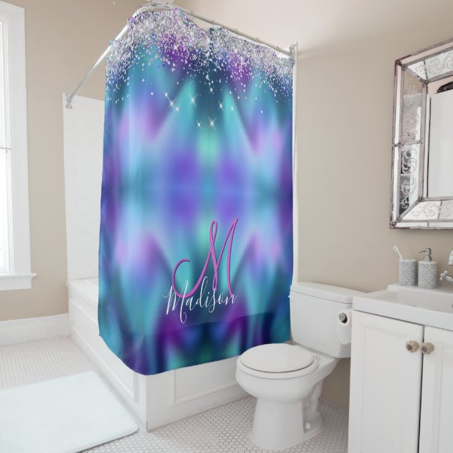 Cute turquoise purple faux glitter monogram shower curtain (In Situ)