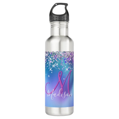 Cute turquoise purple faux glitter monogram stainless steel water bottle