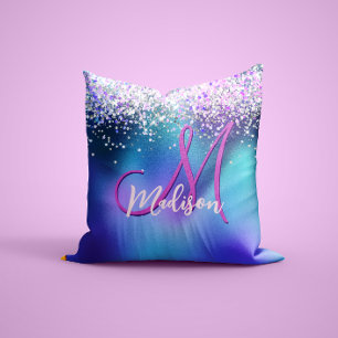 Cute turquoise purple faux glitter monogram throw pillow