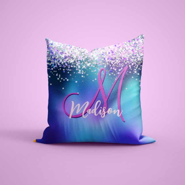 Cute turquoise purple faux glitter monogram throw pillow (Creator Uploaded)