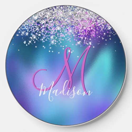 Cute turquoise purple faux glitter monogram wireless charger 