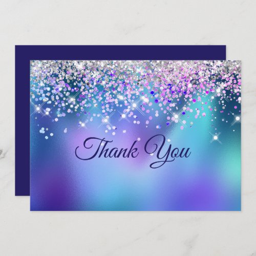 Cute turquoise purple faux glitter thank you card