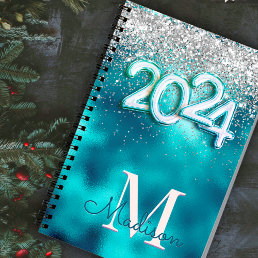 Cute turquoise silver faux glitter 2024 monogram notebook