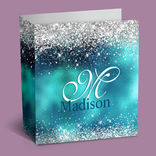 Cute turquoise silver faux glitter monogram 3 ring binder