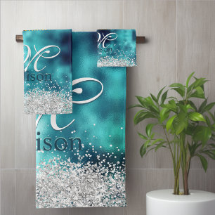 Cute turquoise silver faux glitter monogram bath towel set