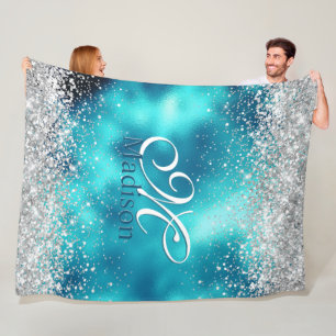 Cute turquoise silver faux glitter monogram fleece blanket