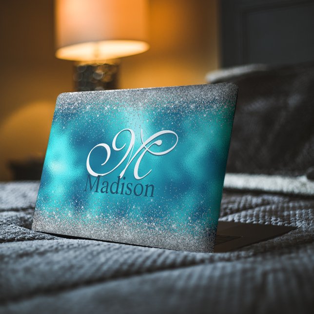 Cute turquoise silver faux glitter monogram HP laptop skin (Creator Uploaded)