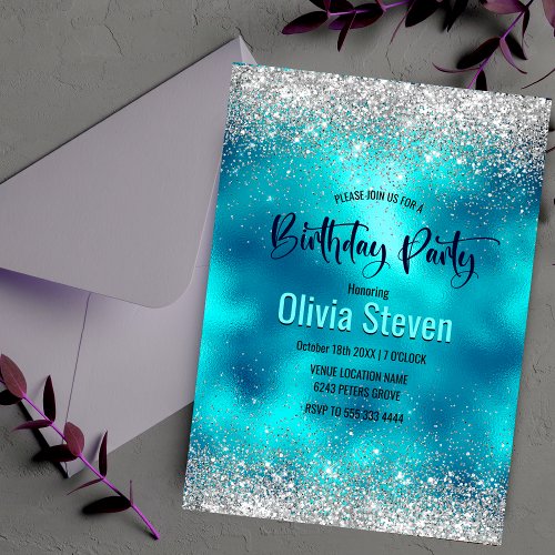 Cute turquoise silver faux glitter monogram invitation