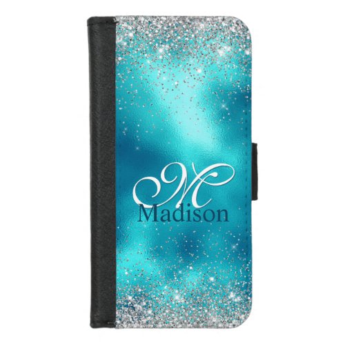 Cute turquoise silver faux glitter monogram iPhone 87 wallet case