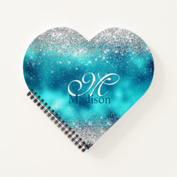 Cute turquoise silver faux glitter monogram notebook