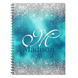 Cute turquoise silver faux glitter monogram notebook