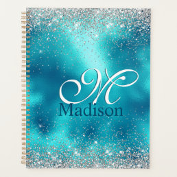 Cute turquoise silver faux glitter monogram planner