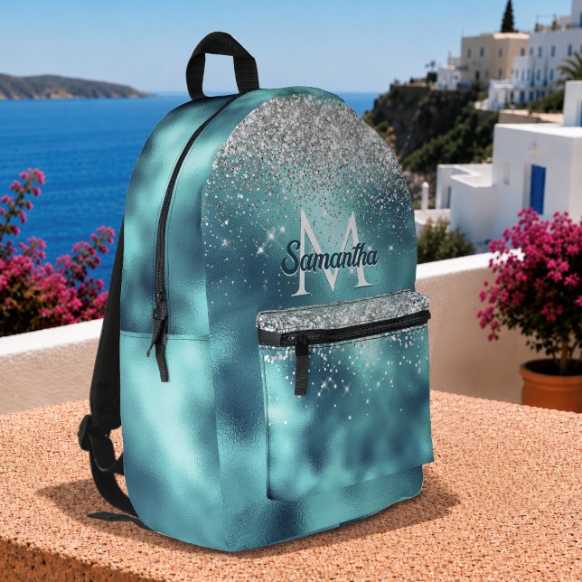 Cute turquoise silver faux glitter monogram printed backpack (Creator Uploaded)