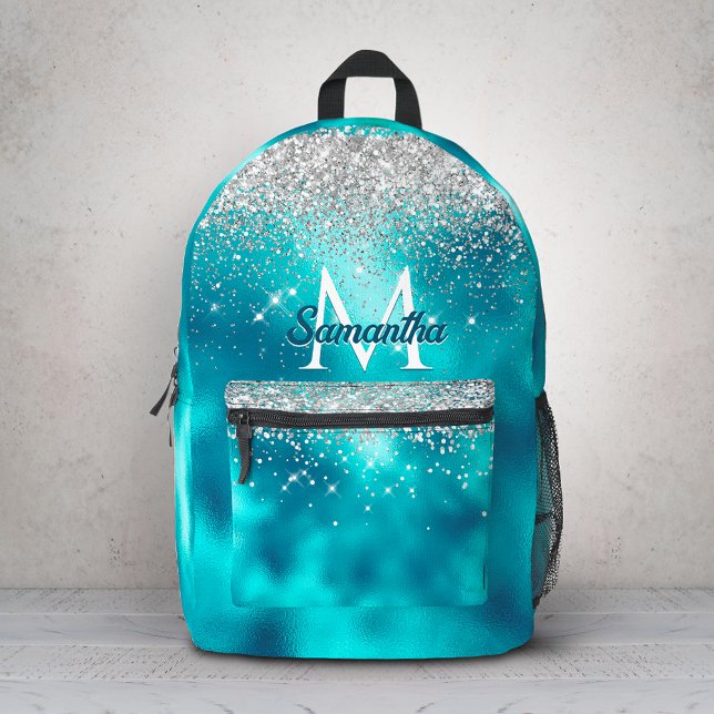 Cute turquoise silver faux glitter monogram printed backpack (Creator Uploaded)