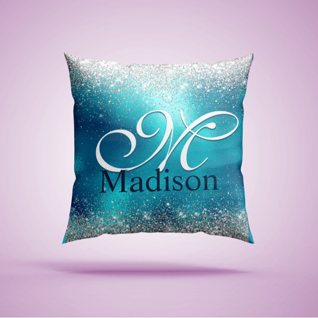 Cute turquoise silver faux glitter monogram throw pillow (Creator Uploaded)