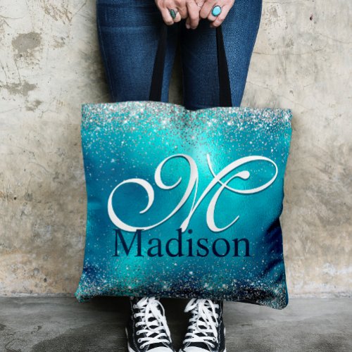 Cute turquoise silver faux glitter monogram tote bag