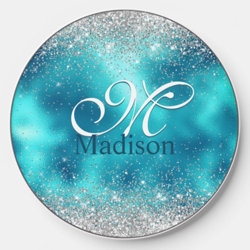 Cute turquoise silver faux glitter monogram wireless charger 