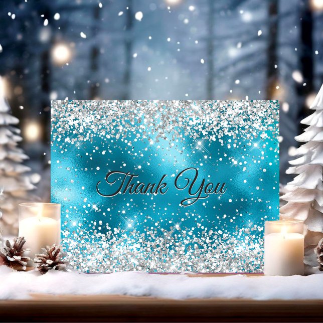 Cute turquoise silver faux glitter thank you card (Creator Uploaded)