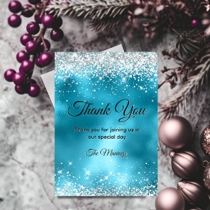 Cute turquoise silver faux glitter thank you card