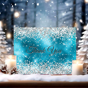 Cute turquoise silver faux glitter thank you card