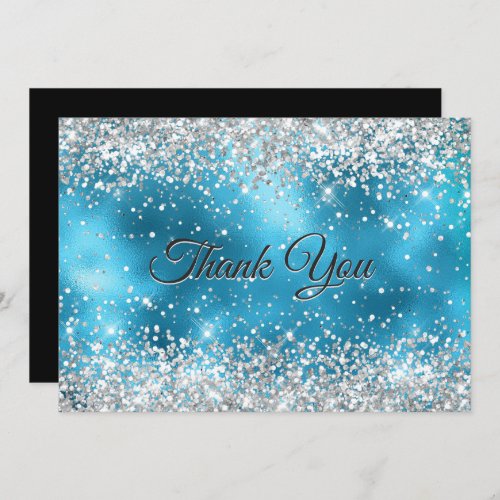 Cute turquoise silver faux glitter thank you card