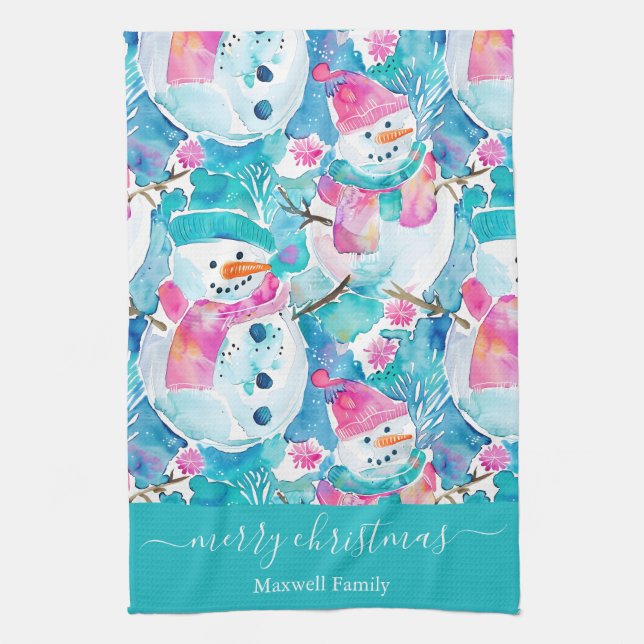 Cute turquoise snowmen script christmas kitchen towel (Vertical)
