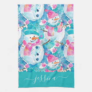 Cute turquoise snowmen script name kitchen towel